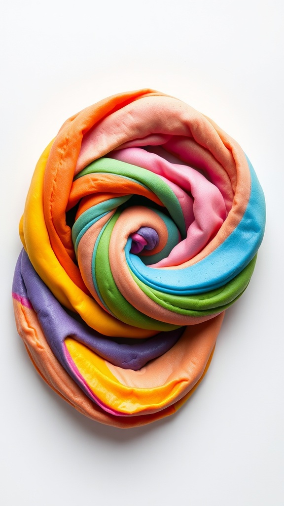 Colorful, swirled playdough in rainbow colors