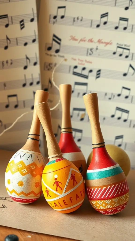 Colorful egg maracas on a music sheet background, showcasing a fun Easter craft.