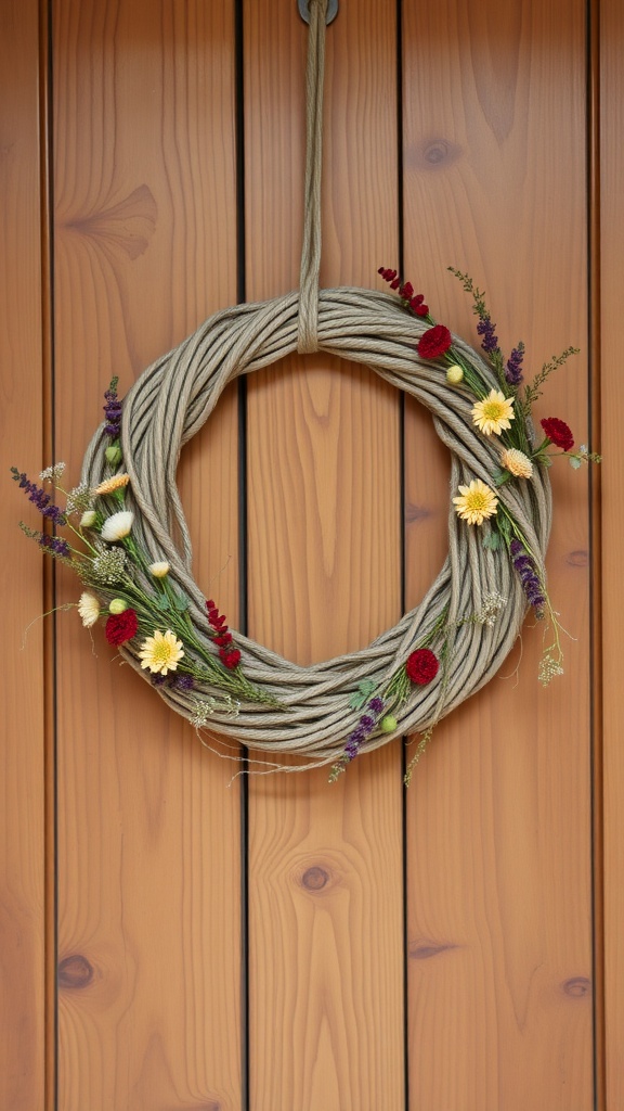 A rustic wreath made of twine and decorated with dried flowers, hanging on a wooden door.