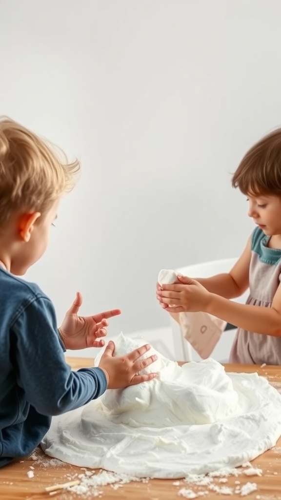 Two children playing with shaving cream cloud dough on a wooden table.