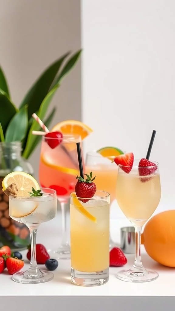 An array of colorful mocktails with fresh fruits and garnishes on display.