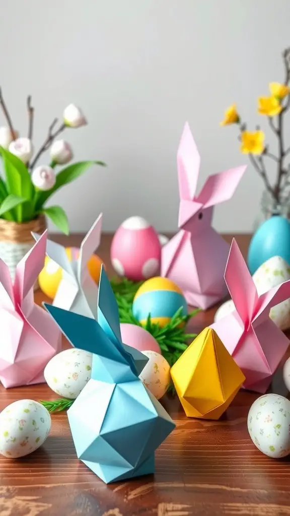 Colorful origami bunnies and eggs on a wooden table, perfect for Easter crafts.