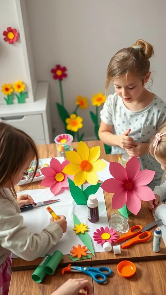 Children making colorful paper flowers with scissors, glue, and markers.