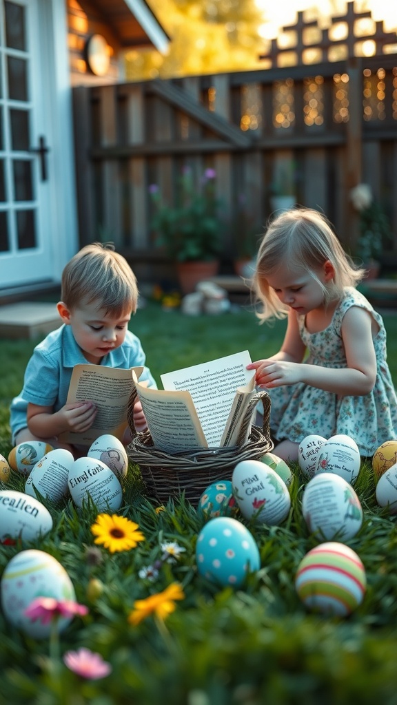 Two children reading a book surrounded by colorful Easter eggs in a garden.