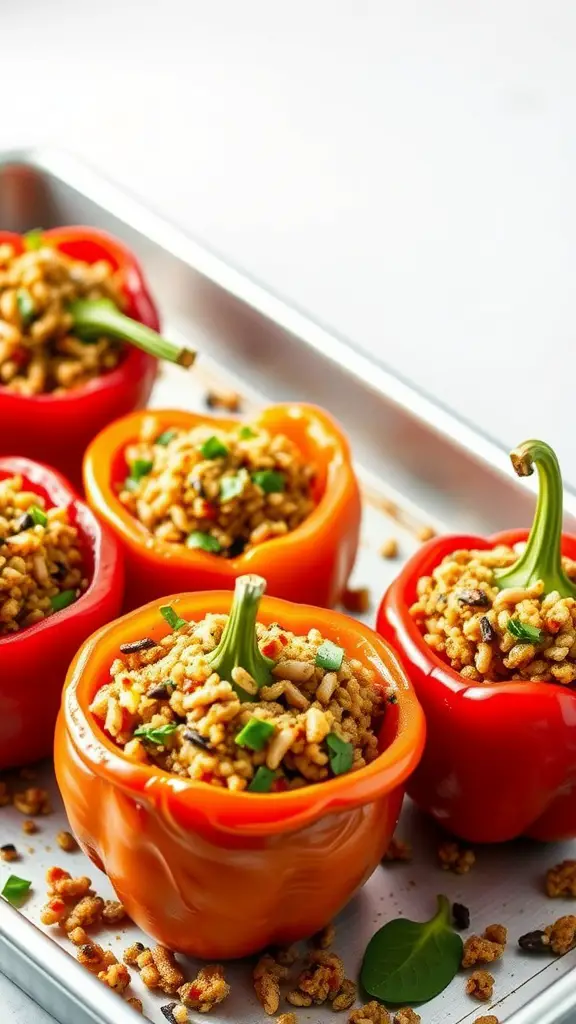 Colorful stuffed bell peppers filled with quinoa on a baking tray.