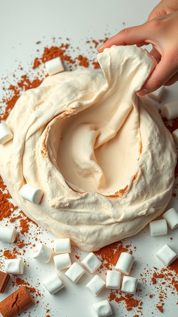 A hand pulling apart soft, fluffy dough surrounded by marshmallows and spices.