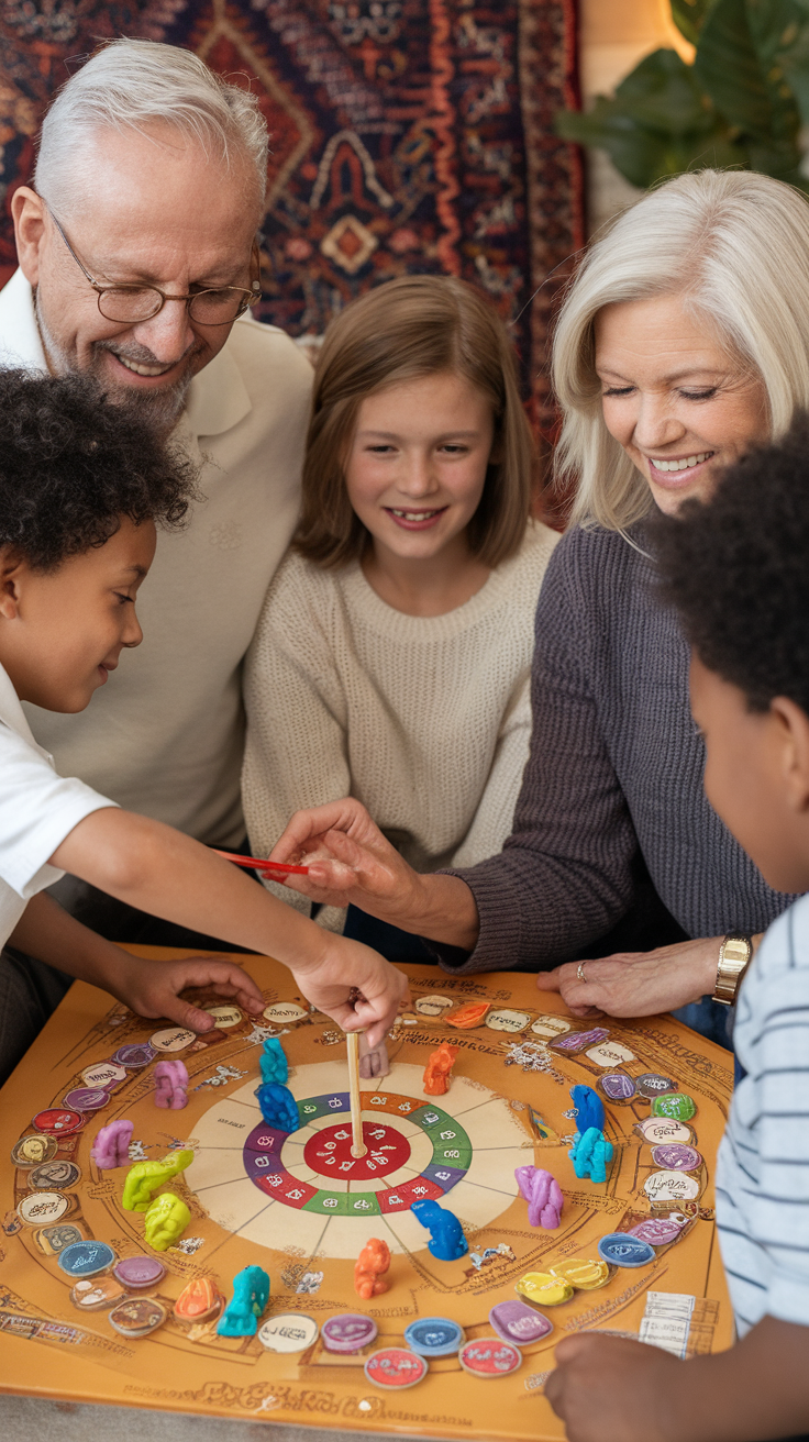 Children playing The Game of Life board game with colorful cars and a vibrant game board.