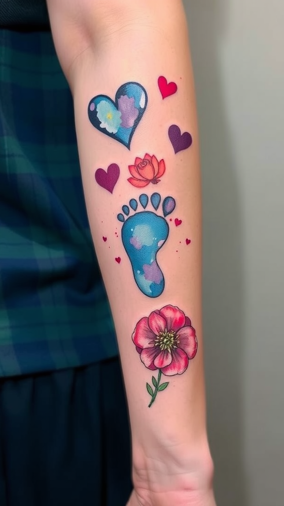 Colorful watercolor style tattoo featuring footprints, hearts, and flowers