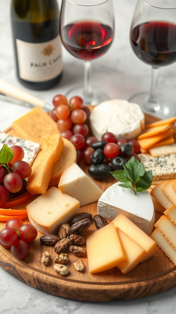 Colorful charcuterie board featuring a variety of cheeses, fruits, and wines.