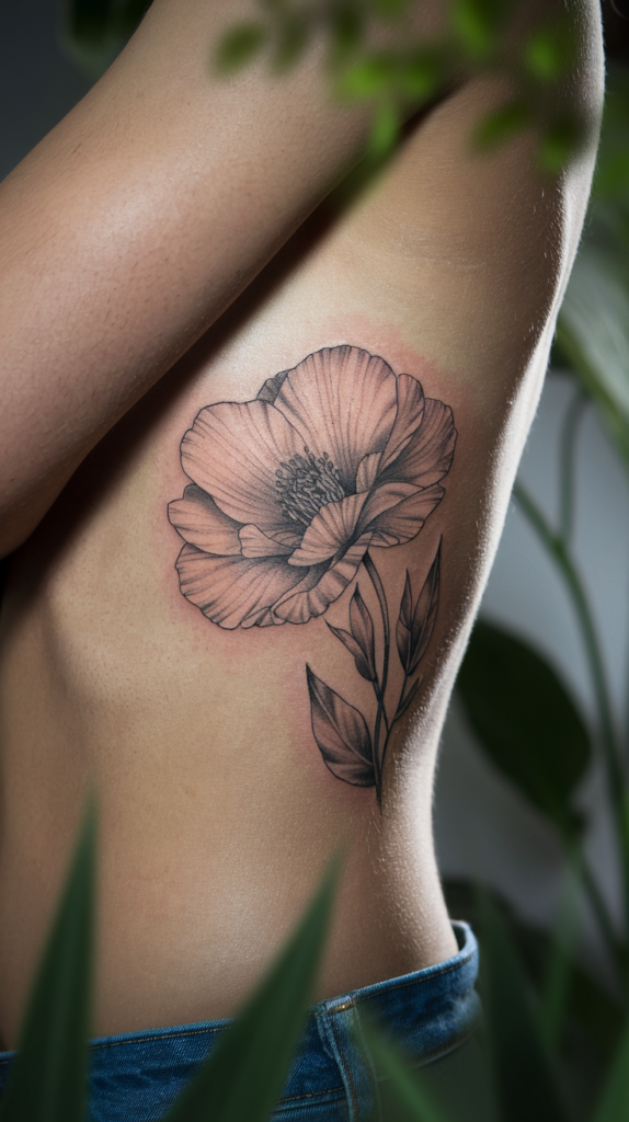 A close-up view of a woman's side rib tattoo, featuring a delicate leaf design.
