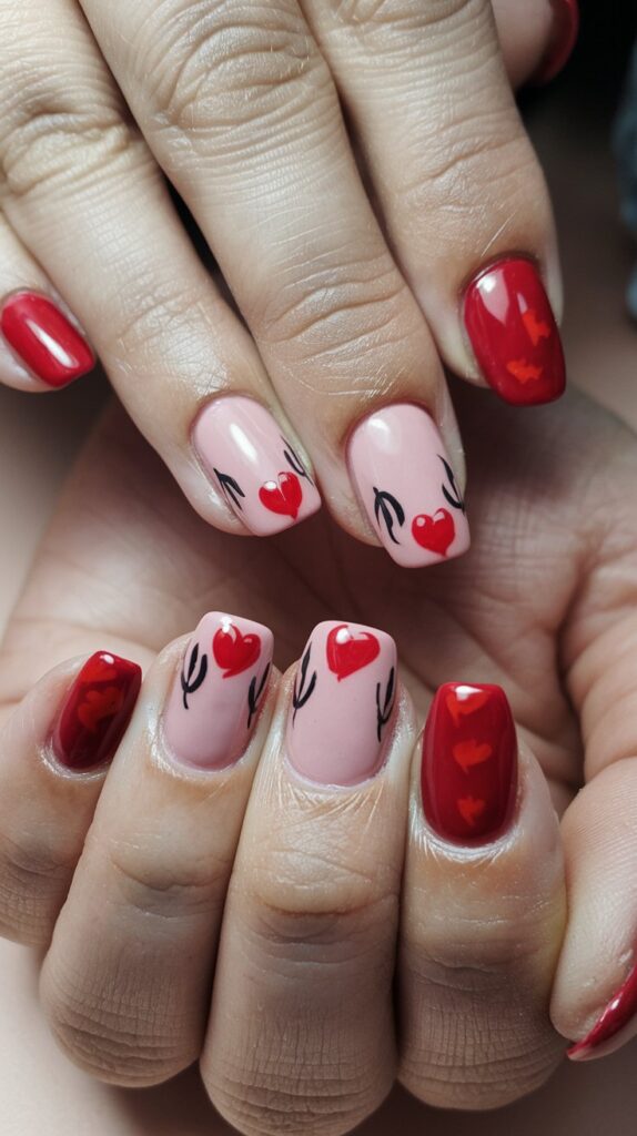 Close up of nails with color block hearts design in pink and red on a white background.