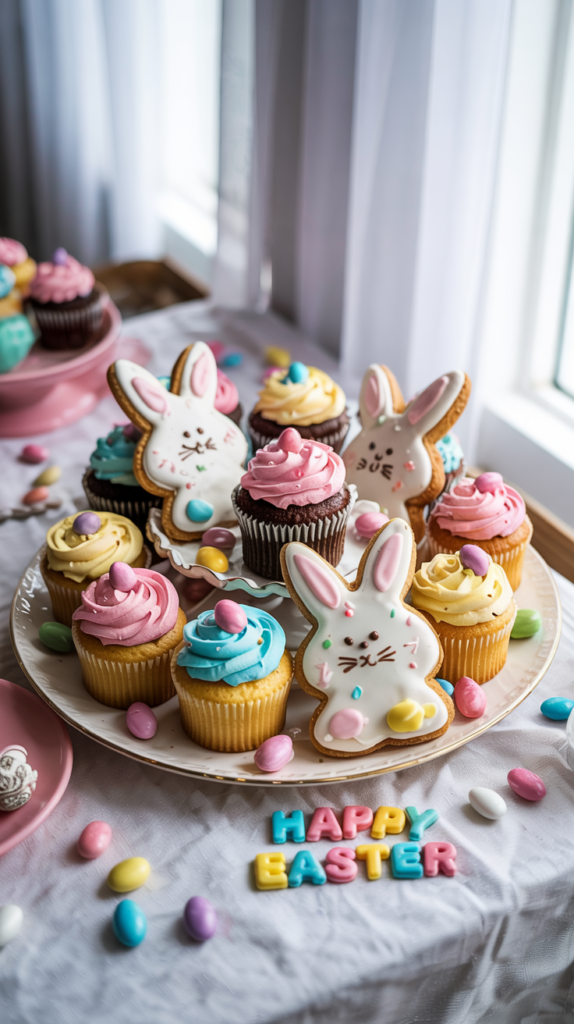 a-photograph-of-an-elegant-dessert-platt_npMjaf0OSTS9qlz8wyVbRw_9kUZDUiDT1K6Pg5c2V7Slg A dessert platter featuring mini cupcakes with pastel frosting, bunny-shaped sugar cookies, and an assortment of colorful Easter candies.