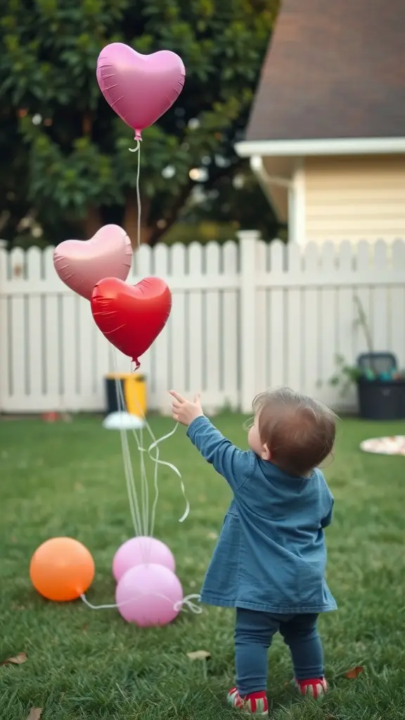A toddler reaching for heart-shaped balloons in a backyard.