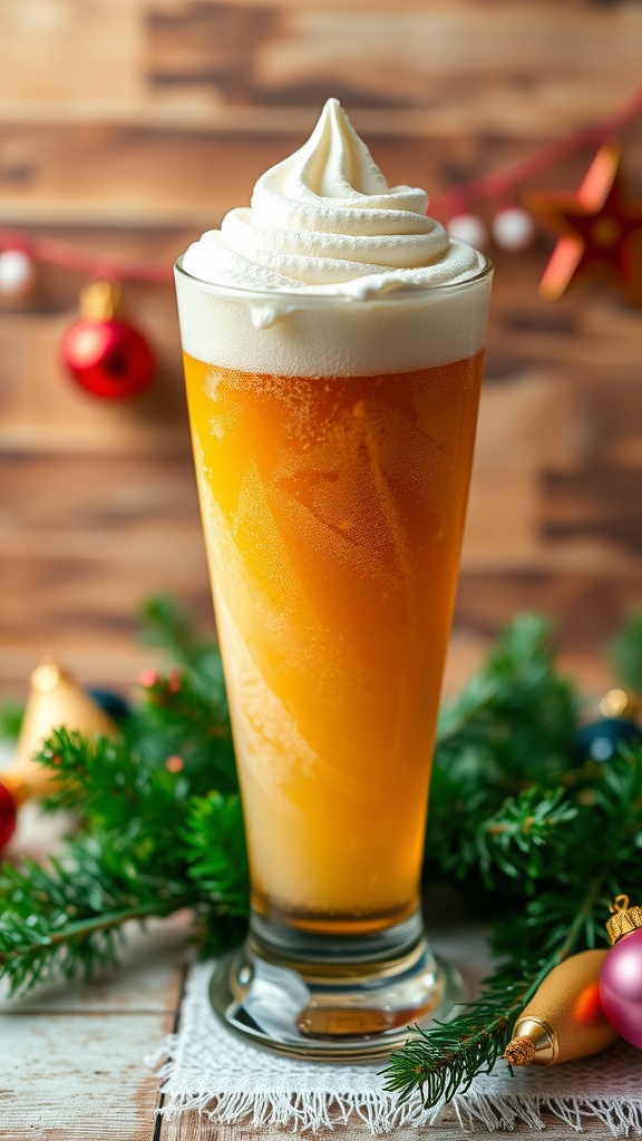 A tall glass of beer float topped with whipped cream