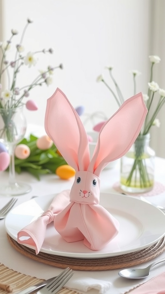 Bunny ear napkin holder made from pink fabric, placed on a dinner table with flowers and Easter eggs.