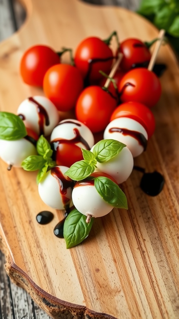 Caprese skewers made with cherry tomatoes, mozzarella balls, and basil on a wooden board