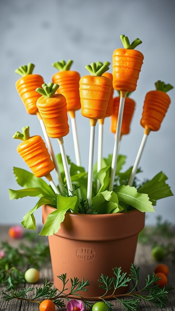 A display of carrot cake pops arranged to look like carrots in soil, complete with greenery.