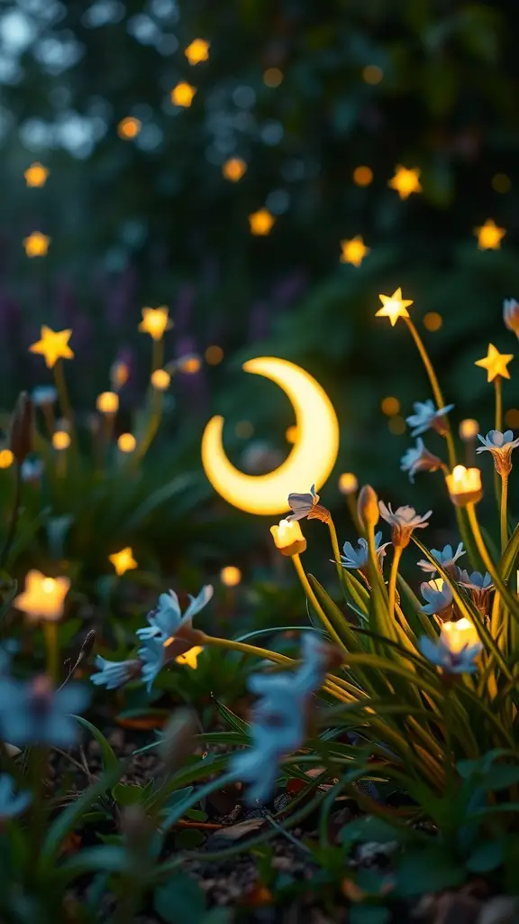 A celestial-themed mini fairy garden featuring glowing stars and a crescent moon among flowers.