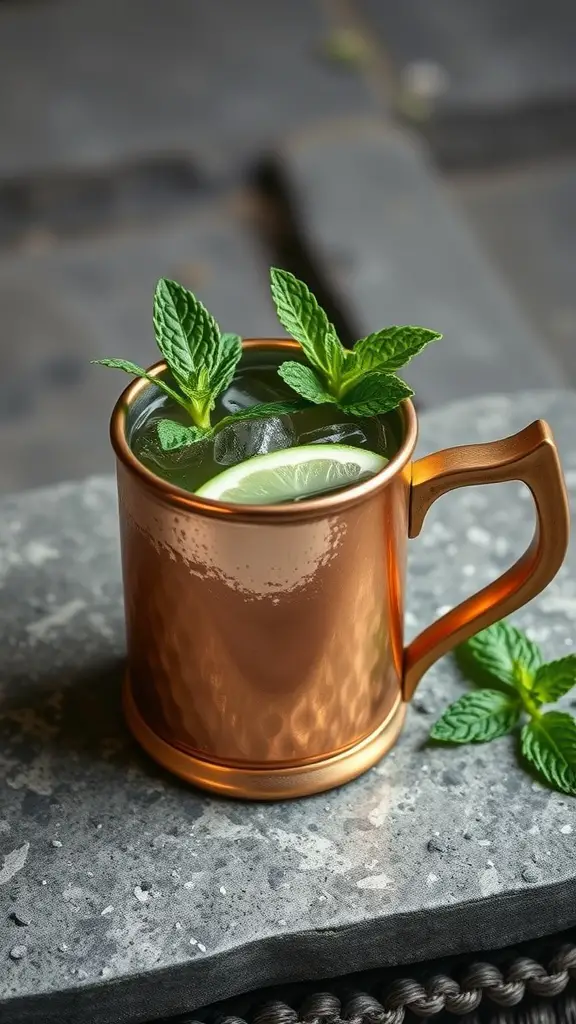 A refreshing Celtic Mule drink in a copper mug