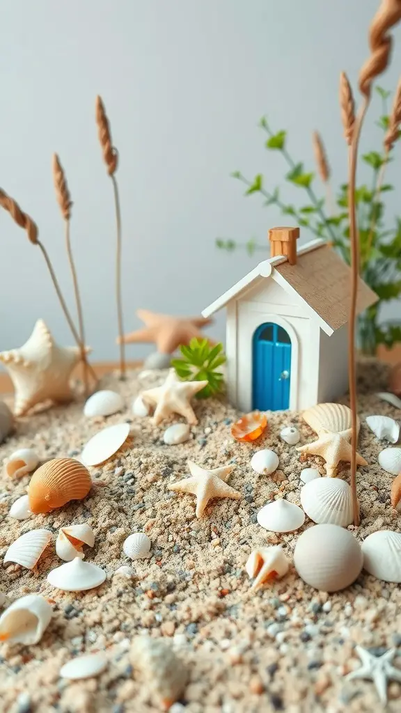 A miniature beach scene with a small house, seashells, and sand.