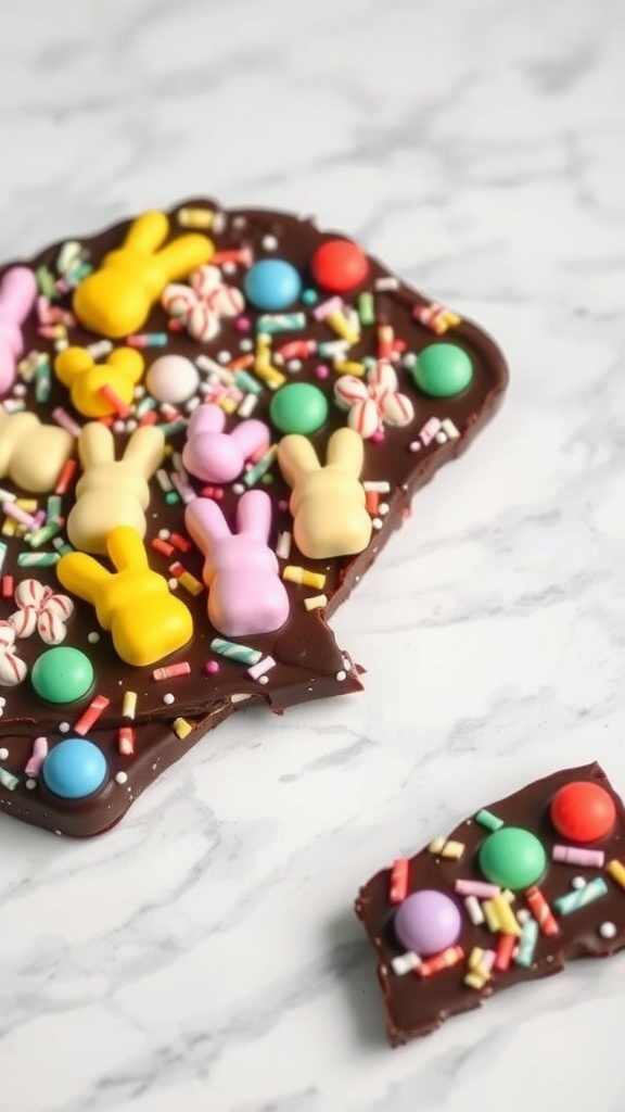Chocolate bunny bark with colorful toppings