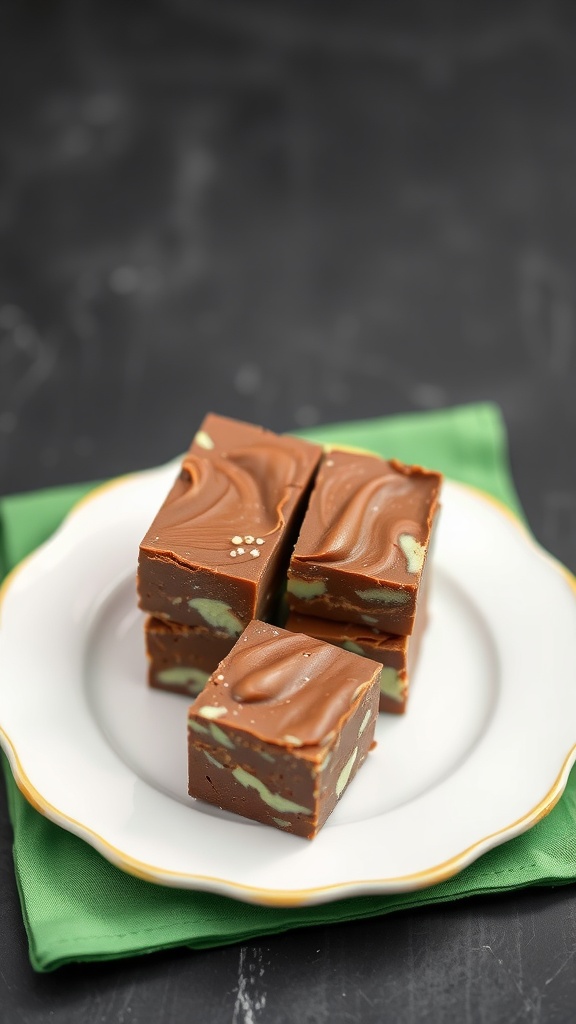 Delicious Chocolate Mint Fudge squares on a white plate