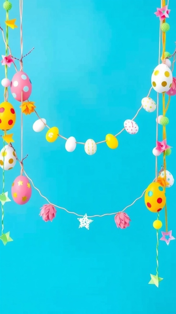 Colorful egg garland hanging against a blue background