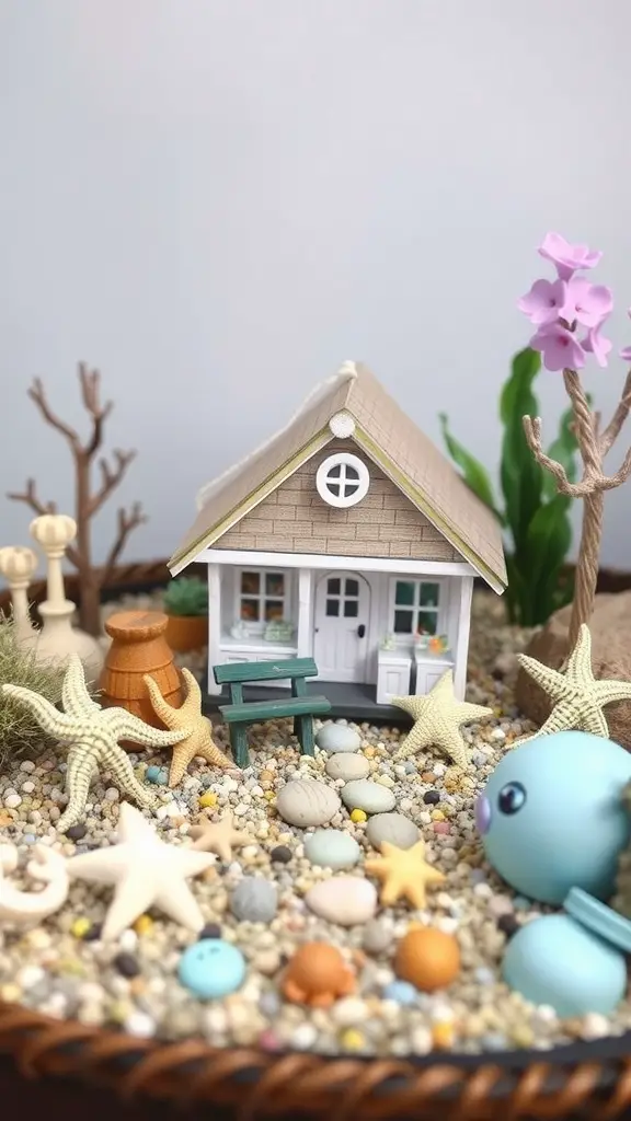 A cozy cottage surrounded by sand, seashells, and starfish, representing a mini fairy garden by the sea.