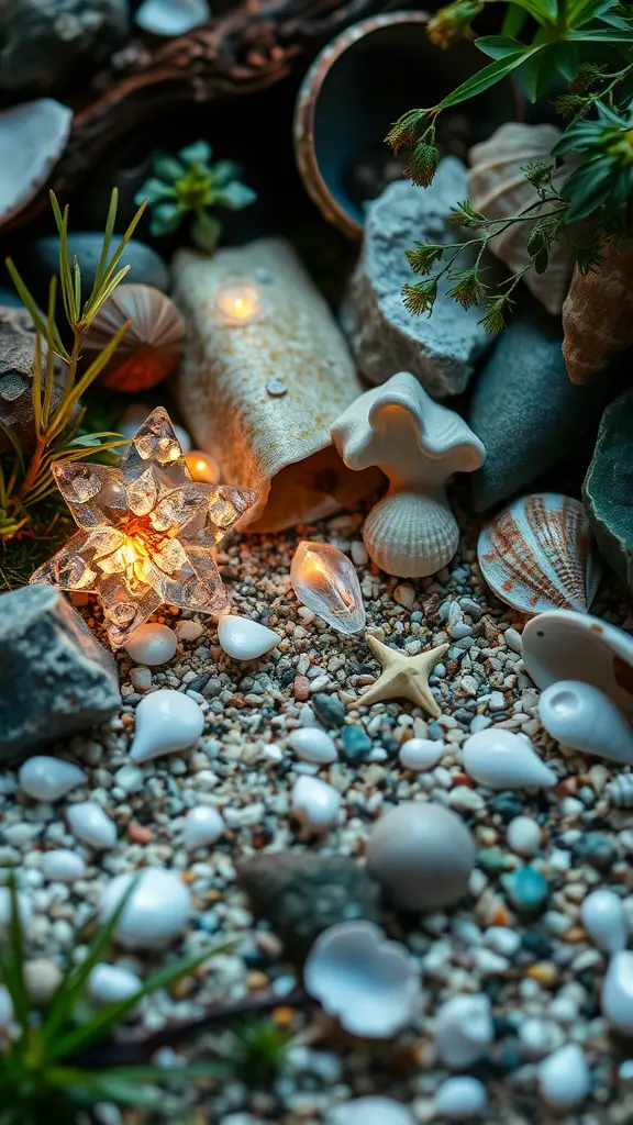 A beautifully arranged mini fairy garden featuring seashells, pebbles, and fairy lights.