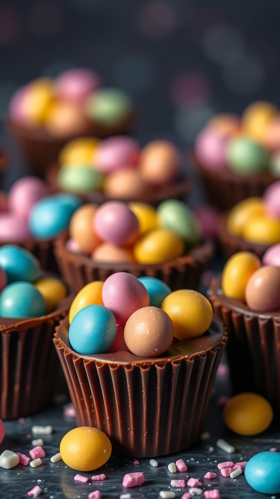 Colorful Easter egg chocolate cups filled with candies
