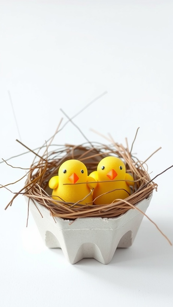 Three cute yellow chicks made from an egg carton