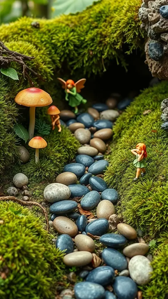 Miniature fairy garden with a woodland pathway made of pebbles and moss, featuring fairy figurines and mushrooms.