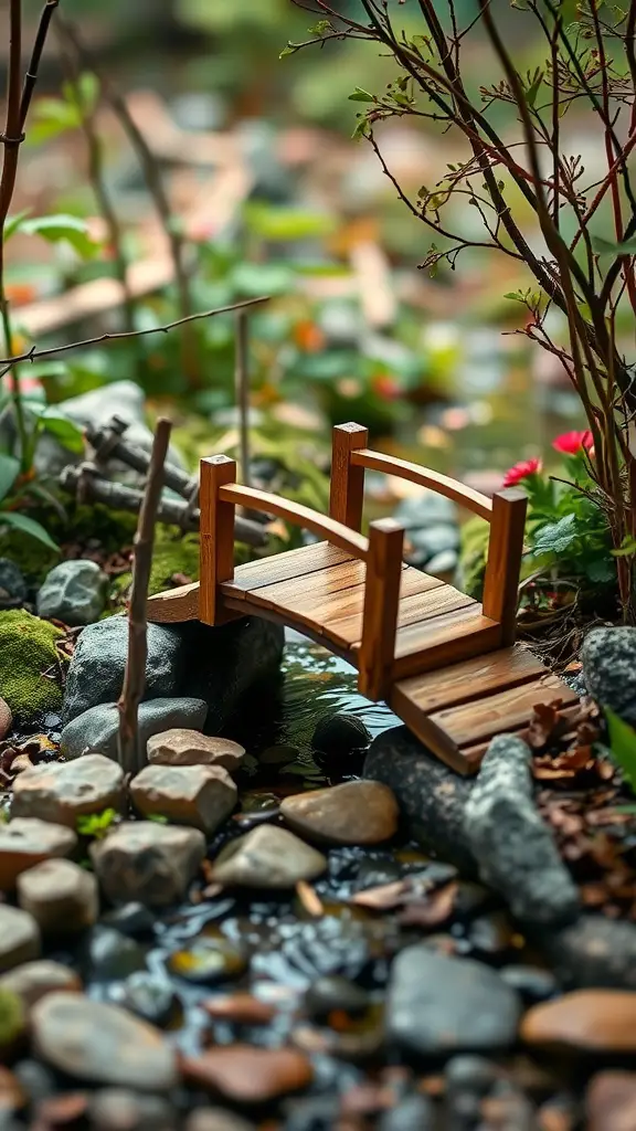 A miniature wooden bridge over a small stream in a fairy garden setup.