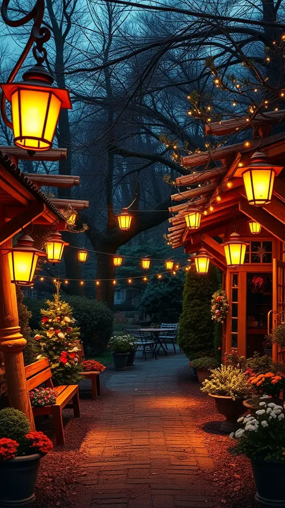 A tranquil garden scene lit with lanterns, surrounded by flowers and trees.