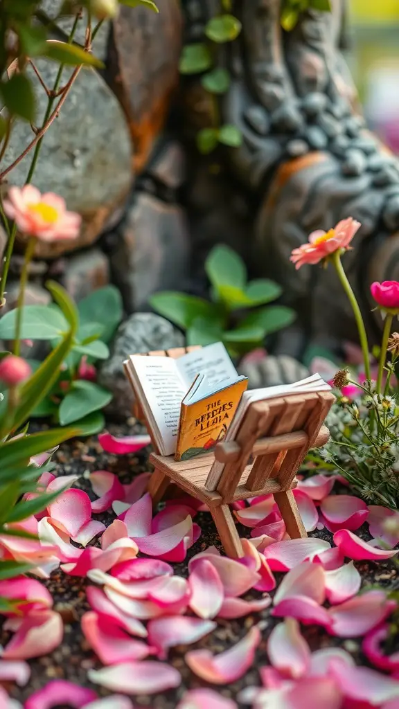 A miniature fairy garden with a small chair and an open book nestled among pink flower petals.