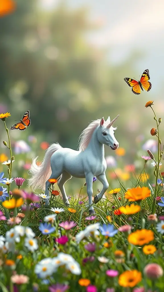 A white unicorn standing in a colorful meadow filled with flowers and butterflies.