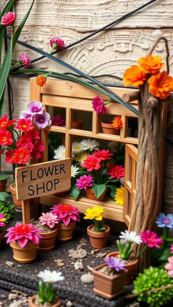 A mini flower shop with colorful flowers and a sign.