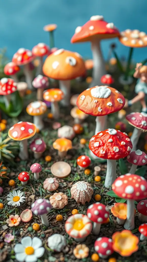 A vibrant miniature fairy garden filled with colorful mushrooms and tiny flowers.