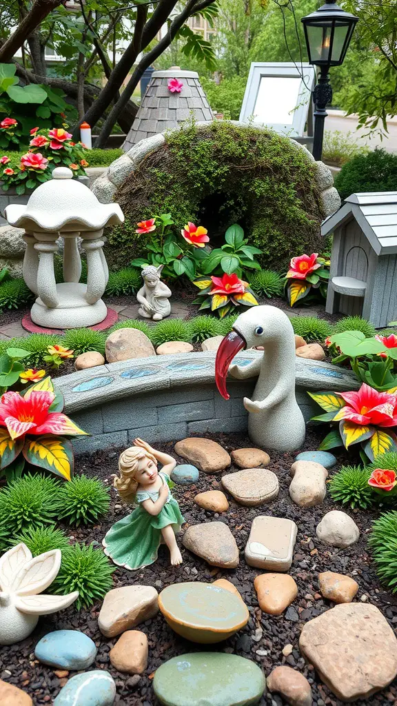 A beautifully arranged mini fairy garden featuring colorful flowers, stones, and whimsical figurines.