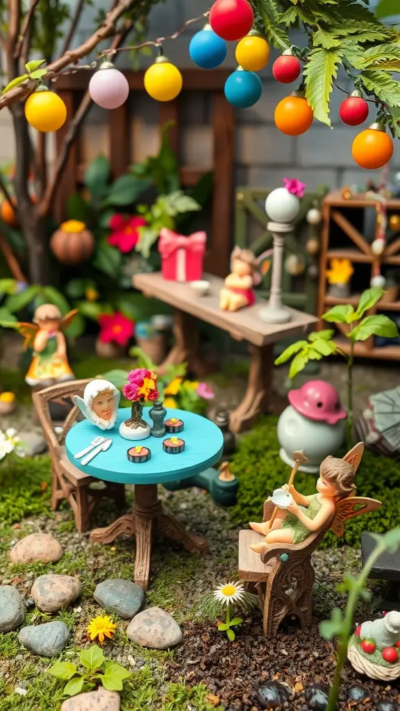 A vibrant fairy garden scene with a blue table set for a party, featuring flowers, fairy figurines, and colorful decorations.