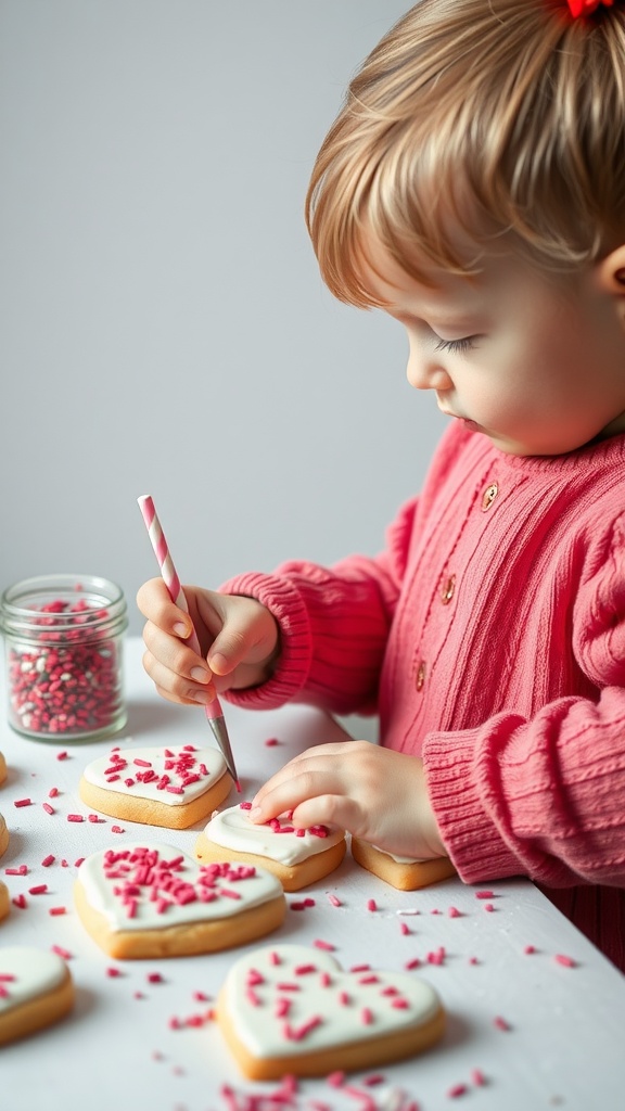 A toddler decorating heart-shaped cookies with frosting and sprinkles.