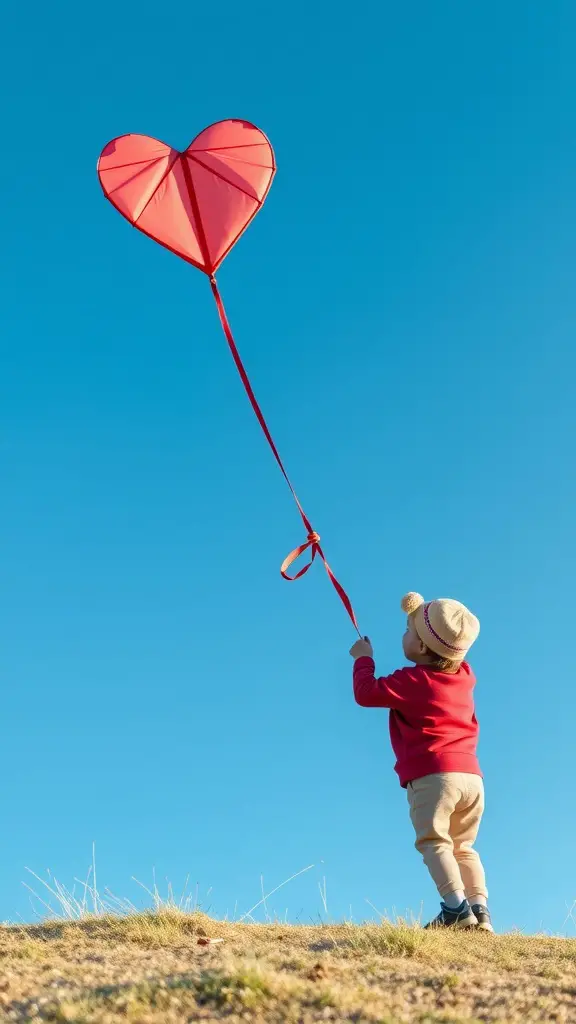 A toddler flying a heart-shaped kite in a clear blue sky.