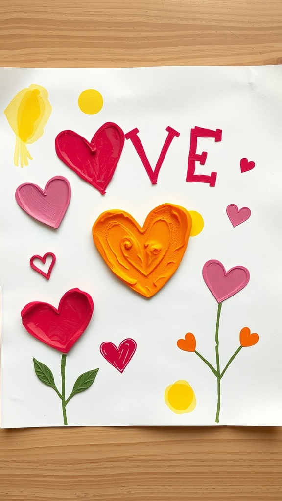 Colorful heart-shaped potato stamps on paper, showcasing various painted hearts and flowers.