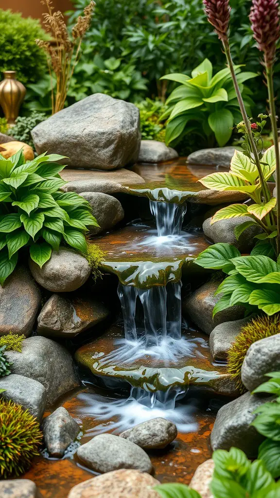 A serene hidden fairy waterfall surrounded by lush plants and rocks, creating a magical garden atmosphere.