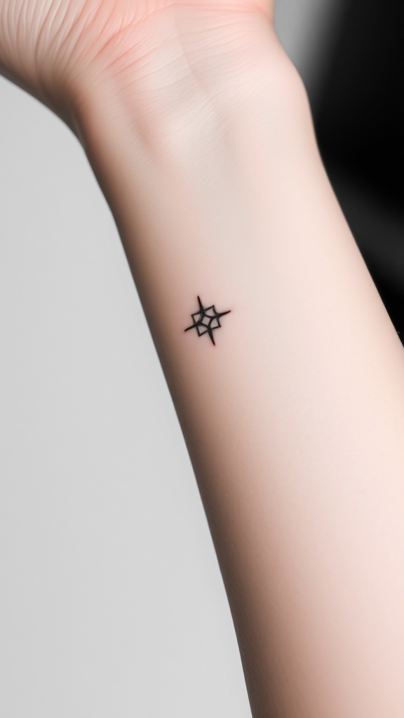 A close-up of a delicate tattoo on the inner wrist of a person, showcasing a subtle design.