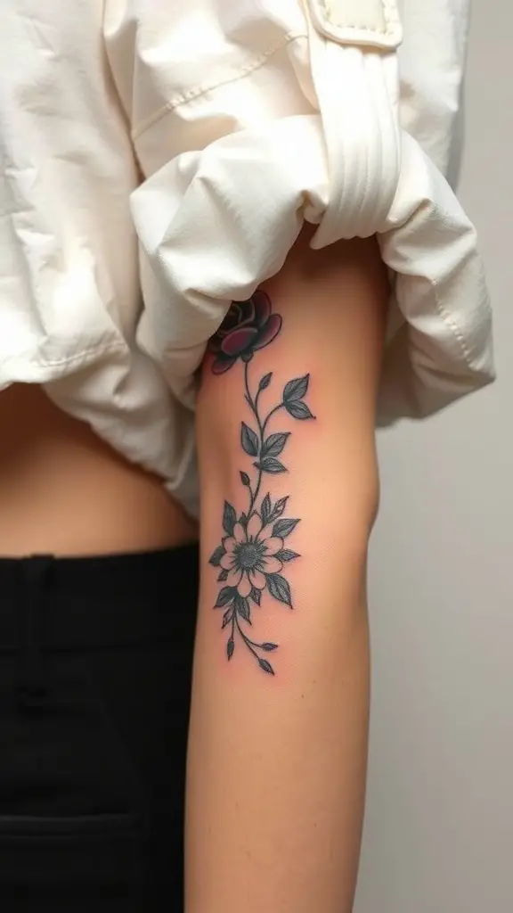 A close-up of a woman's inner arm showcasing a delicate floral tattoo.