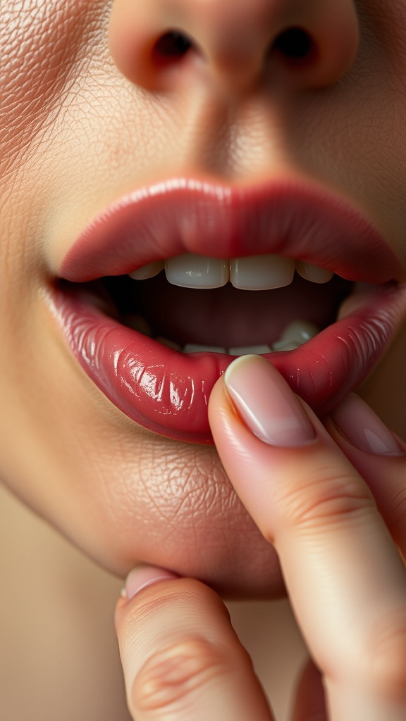 Close-up of a woman's lips, possibly revealing a hidden tattoo inside the lip.