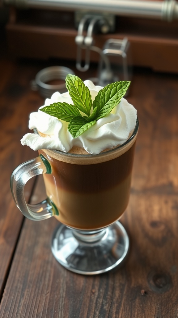 A glass of Irish coffee topped with whipped cream and mint leaves, served on a wooden table.
