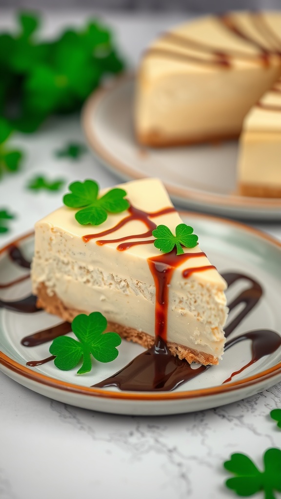 A slice of Irish cream cheesecake with a chocolate drizzle and green clover decorations.