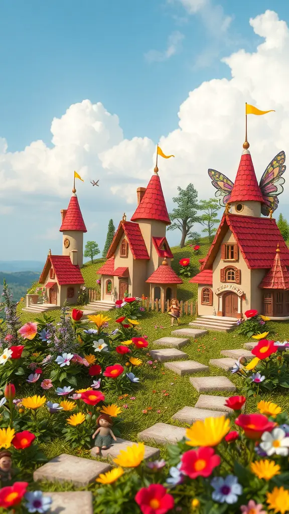 A vibrant fairy garden with colorful flowers, whimsical houses, and a stone pathway.